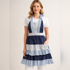 Sur La Table Reversible Blue Paisley Stripe Ruffles Apron NWOT